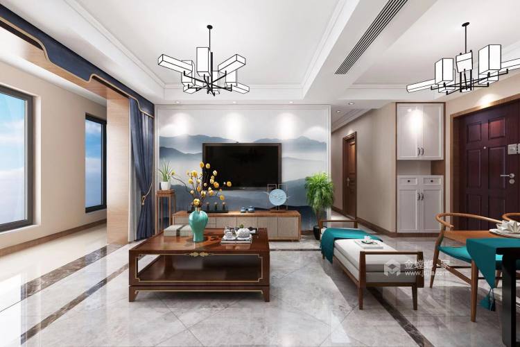 古典优雅与简约大气之美--胡桃色碰上新中式-客厅效果图及设计说明