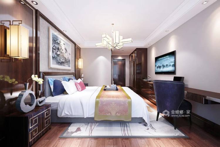 古典优雅与简约大气之美--胡桃色碰上新中式-卧室效果图及设计说明