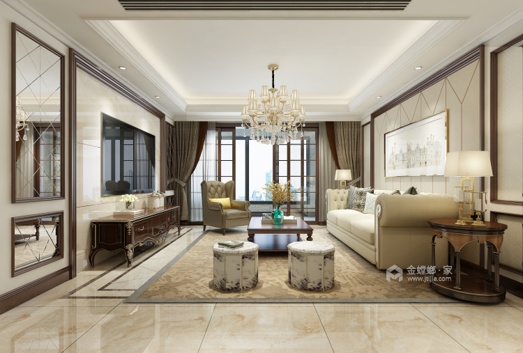 米色系美式风的家-客厅效果图及设计说明