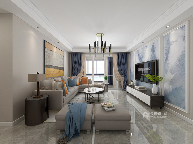 温润宝蓝色的家-客厅效果图及设计说明