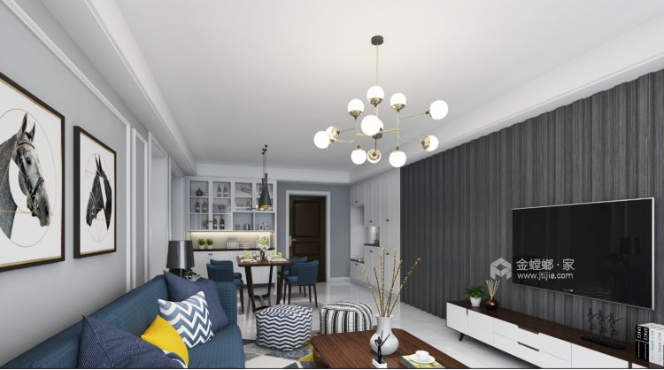 黑白灰时尚简练的家-客厅效果图及设计说明