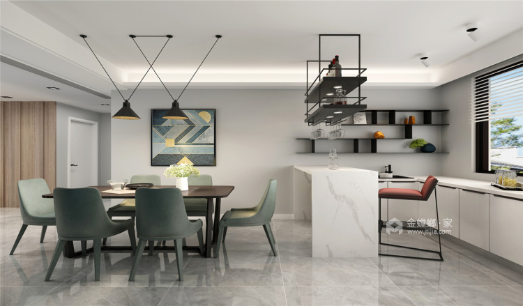 黑白灰系列的现代风格，开放式厨房+吧台设计-餐厅效果图及设计说明