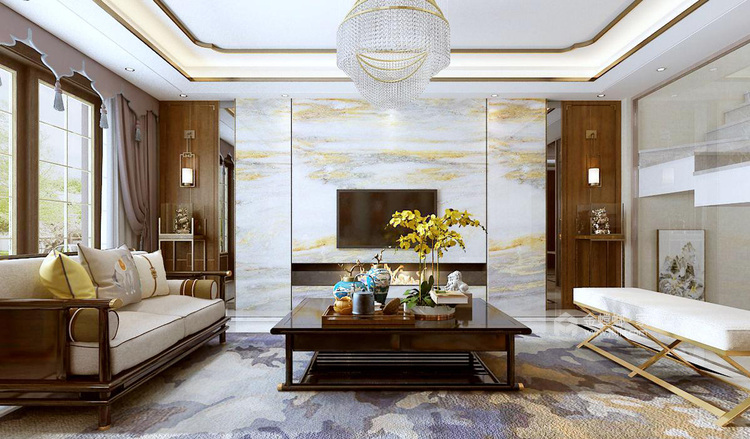 用现代风格表达新中式的元素-客厅效果图及设计说明