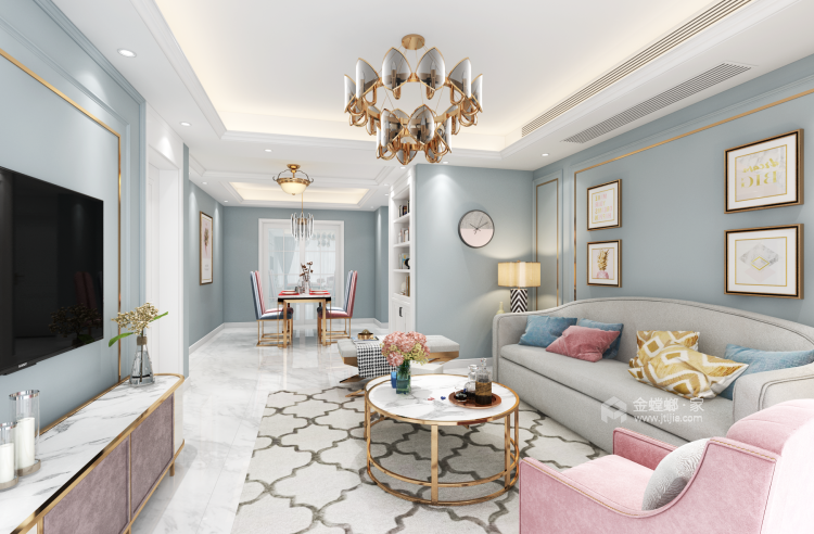 115平浅蓝色自然系美式混搭美家-客厅效果图及设计说明