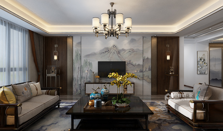 白墨色为主调的新中式-客厅效果图及设计说明