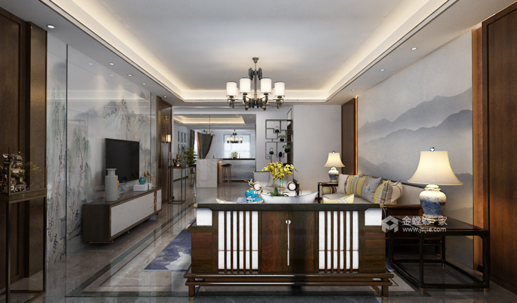 白墨色为主调的新中式-客厅效果图及设计说明