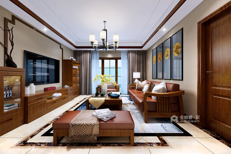 胡桃色，新中式的经典-客厅效果图及设计说明