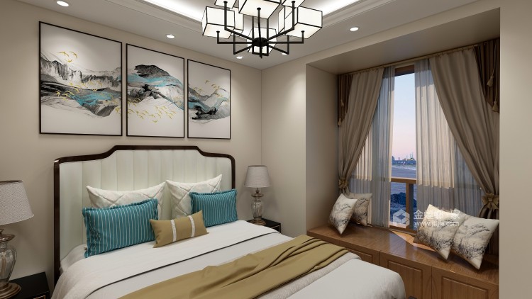 新中式+蓝金沙，简于形而奢于心-卧室效果图及设计说明
