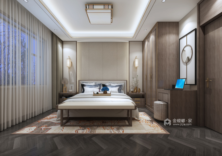 沉稳大气极具东方韵味的现代风格家-卧室效果图及设计说明