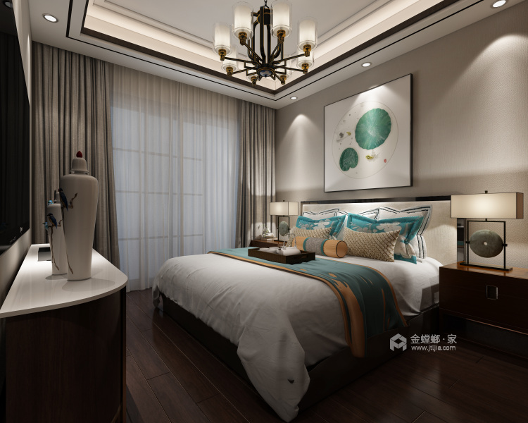不乏色彩的新中式风格之家，让家个性而惬意-卧室效果图及设计说明