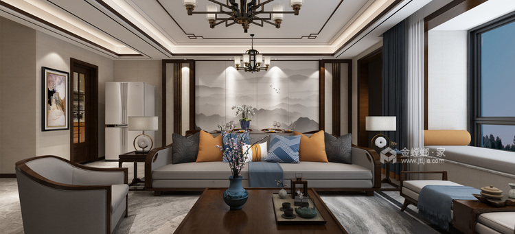 不乏色彩的新中式风格之家，让家个性而惬意-客厅效果图及设计说明