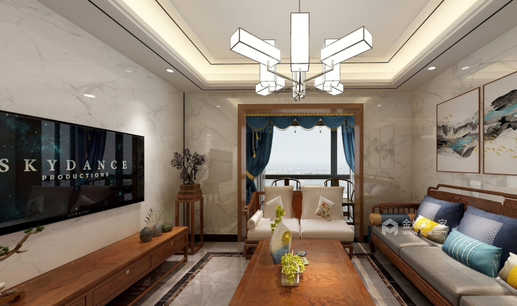 150㎡的轻奢新中式生活-客厅效果图及设计说明