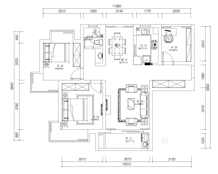 107平 现代风格婚房 品质生活从家开始-平面布置图