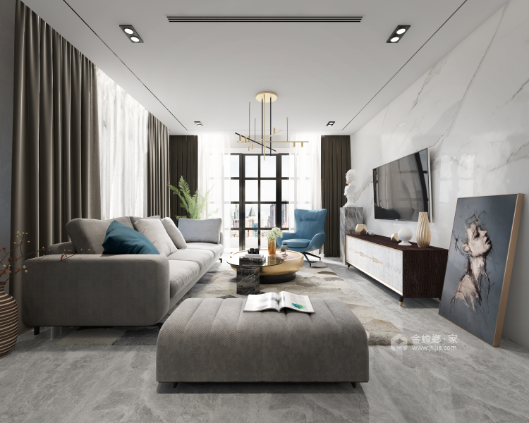 130平现代轻奢华，超大卧室，尽享高品质生活-客厅效果图及设计说明
