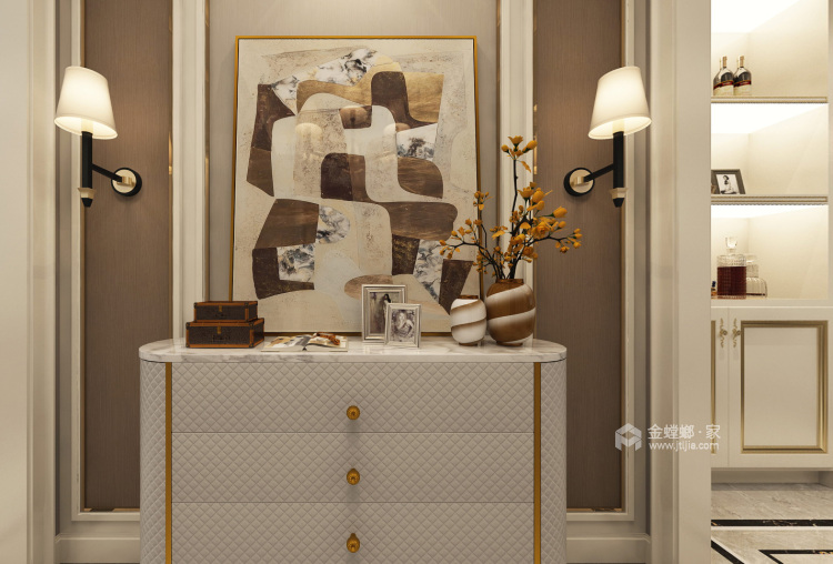 咖啡色基调的美式大平层，温馨舒适-客厅效果图及设计说明