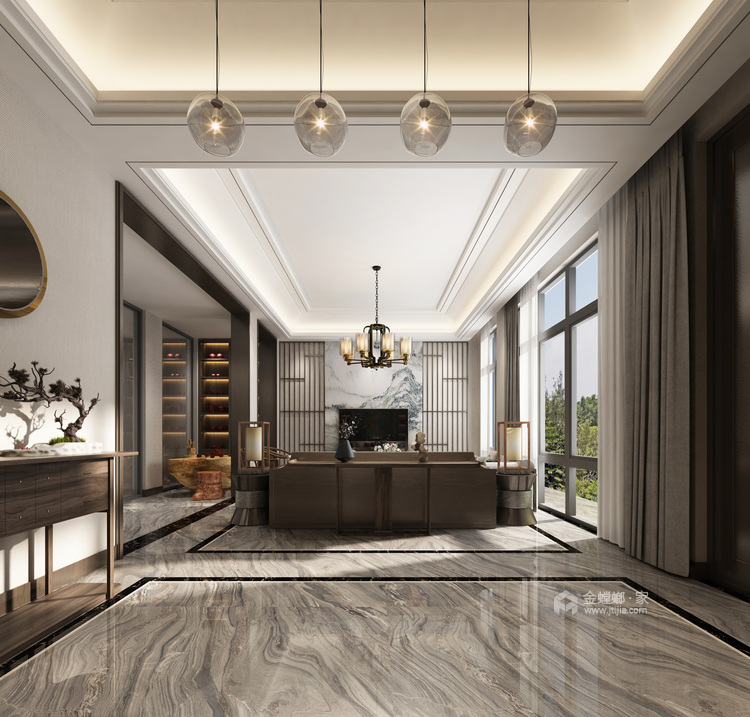 384平新中式大宅，品味古朴与美好的时光-客厅效果图及设计说明