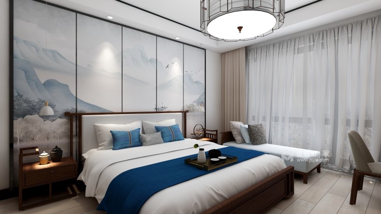 黛蓝窗棂、简洁直线条，143平中式韵味家-卧室效果图及设计说明
