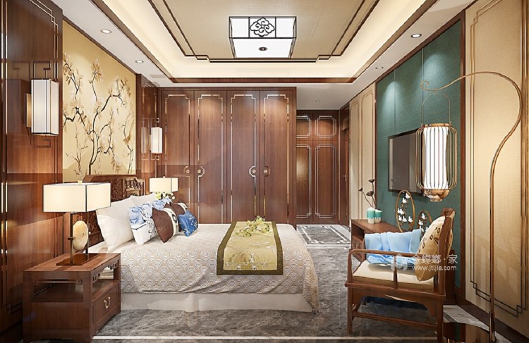 闲适舒服的茶室，体现大气端重的传统中国风-卧室效果图及设计说明