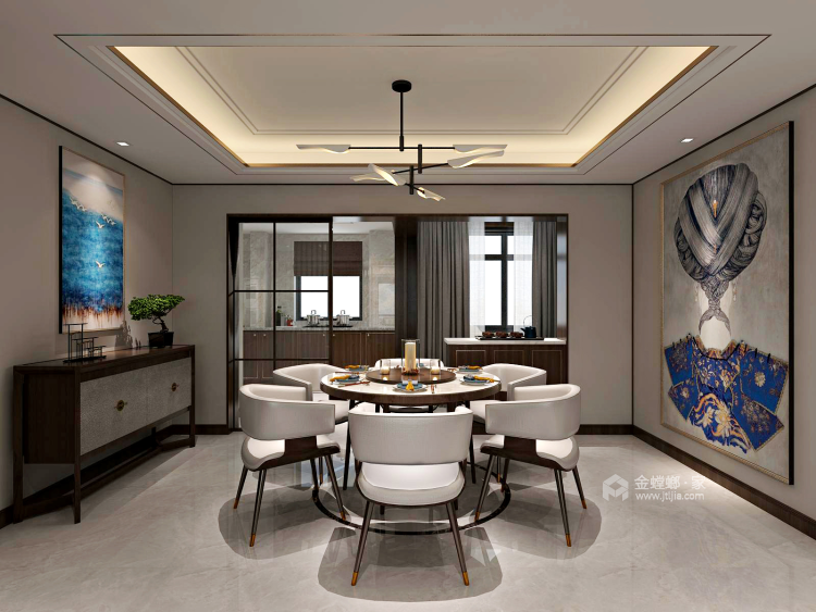 灰色调搭配新中式家具，现代元素与传统元素的结合-餐厅效果图及设计说明