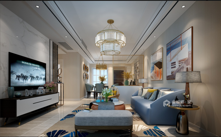 128平现代风--大量金色线条装饰，空间轻快明亮-客厅效果图及设计说明