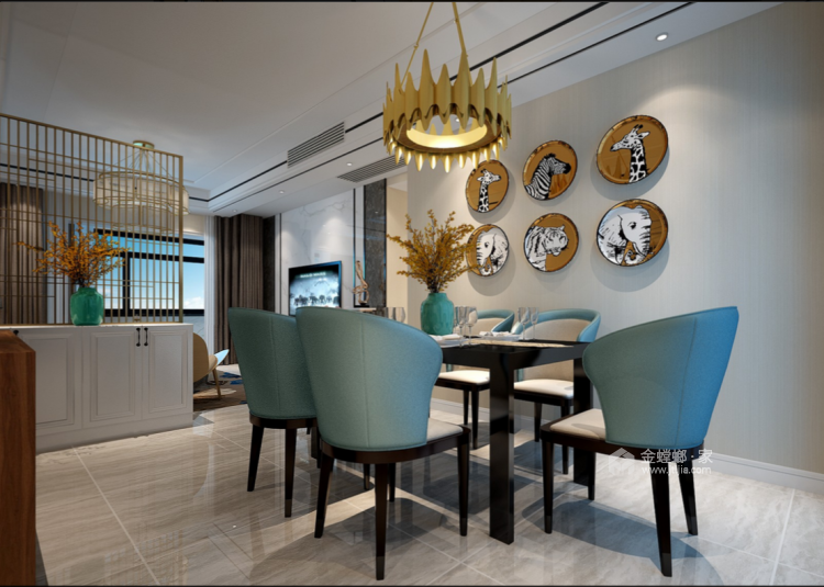 128平现代风--大量金色线条装饰，空间轻快明亮-餐厅效果图及设计说明