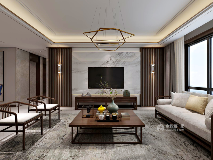 灰色调搭配新中式家具，现代元素与传统元素的结合-客厅效果图及设计说明