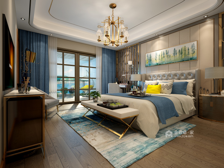 128平现代风--大量金色线条装饰，空间轻快明亮-卧室效果图及设计说明