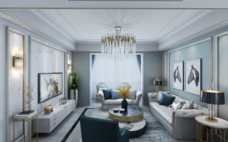 淡蓝色客厅设计不失明亮与开阔-客厅效果图及设计说明