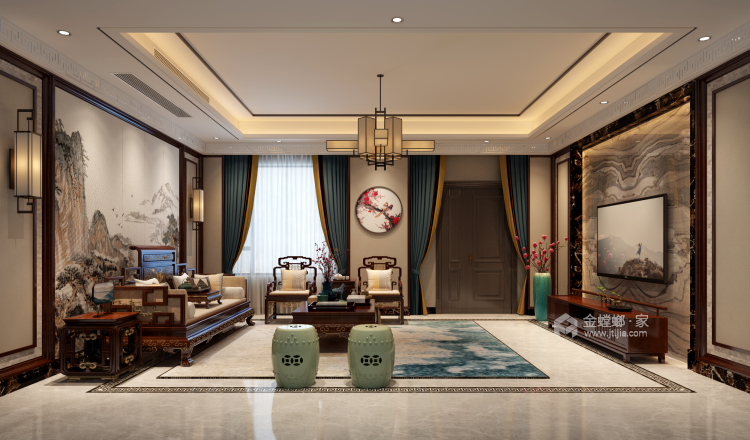 新中式别墅，奢华而不失大气-客厅效果图及设计说明
