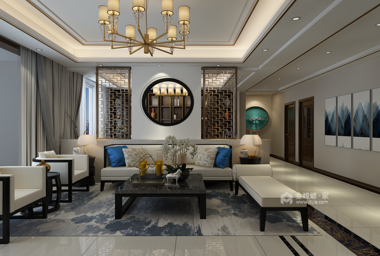 177平新中式 拉丝玫瑰金勾勒出精致与沉稳的质感-客厅效果图及设计说明