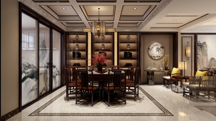 新中式别墅，奢华而不失大气-餐厅效果图及设计说明