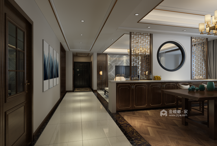 177平新中式 拉丝玫瑰金勾勒出精致与沉稳的质感-客厅效果图及设计说明