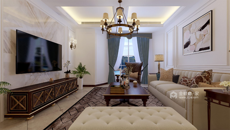 高级浅灰色164平美式-客厅效果图及设计说明