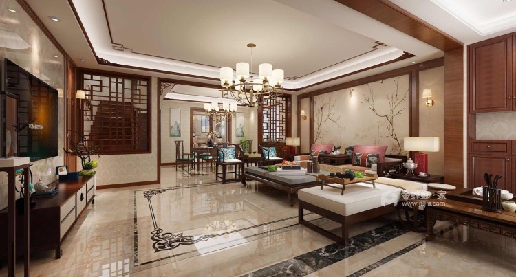 220平新中式别墅，优雅而又大气-客厅效果图及设计说明