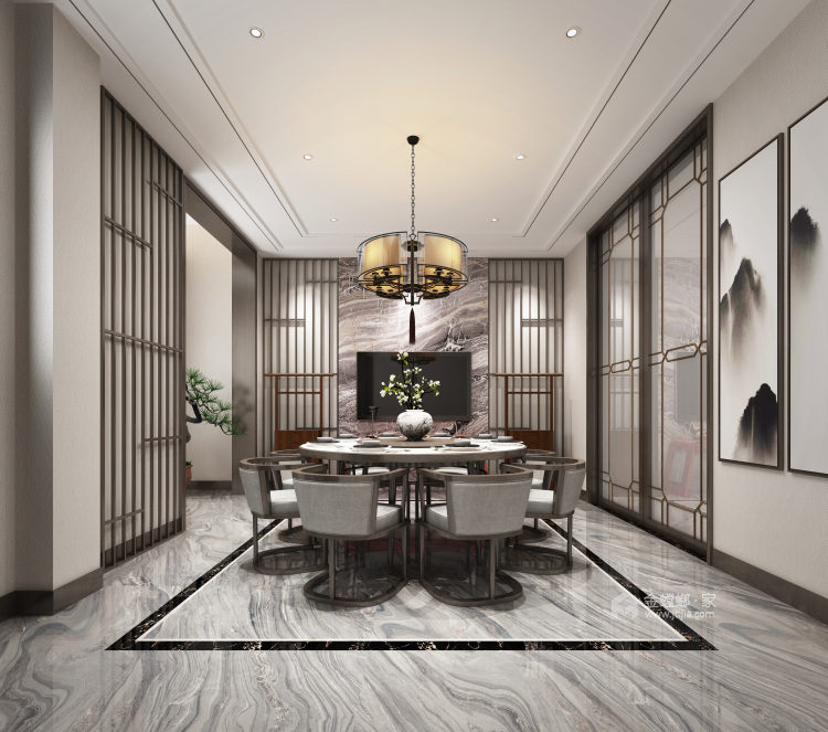 384平新中式大宅，品味古朴与美好的时光-餐厅效果图及设计说明