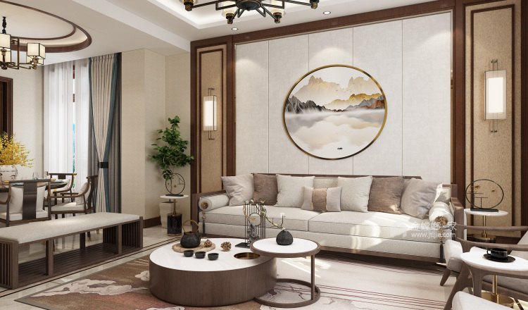 267平别墅 自然的色调搭配胡桃色系家具，简洁美好，浸透着东方特有的层次感-客厅效果图及设计说明