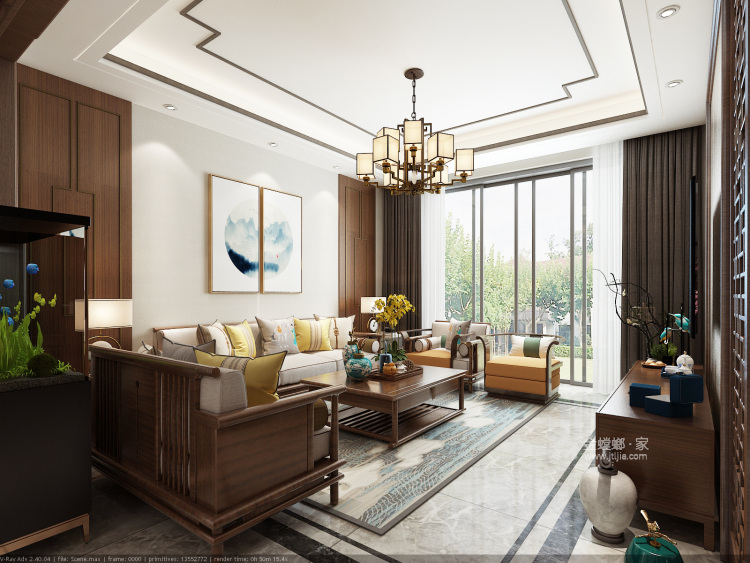 267平别墅 自然的色调搭配胡桃色系家具，简洁美好，浸透着东方特有的层次感-客厅效果图及设计说明