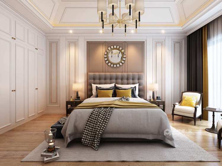 三口之家浓浓书卷气息的美式轻奢大宅-卧室效果图及设计说明