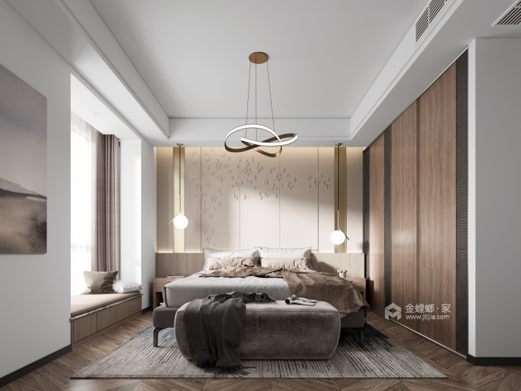 木纹、石材与金属质感碰撞的轻奢艺术-卧室效果图及设计说明
