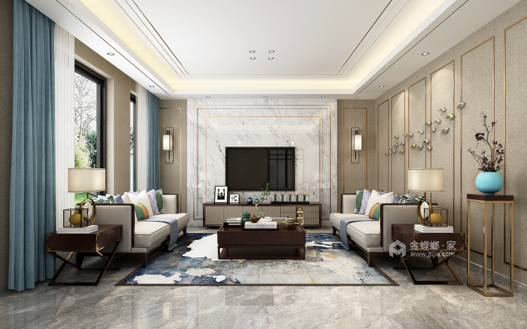 低调奢华，在优雅中绽放的新中式-客厅效果图及设计说明