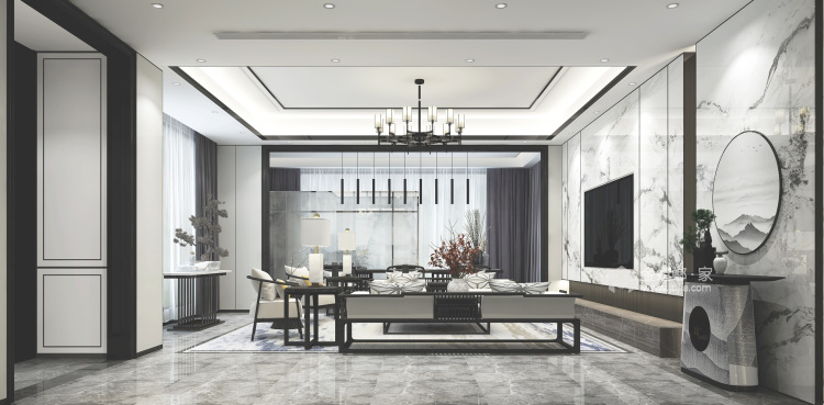 新中式，现代与传统的相结合-客厅效果图及设计说明