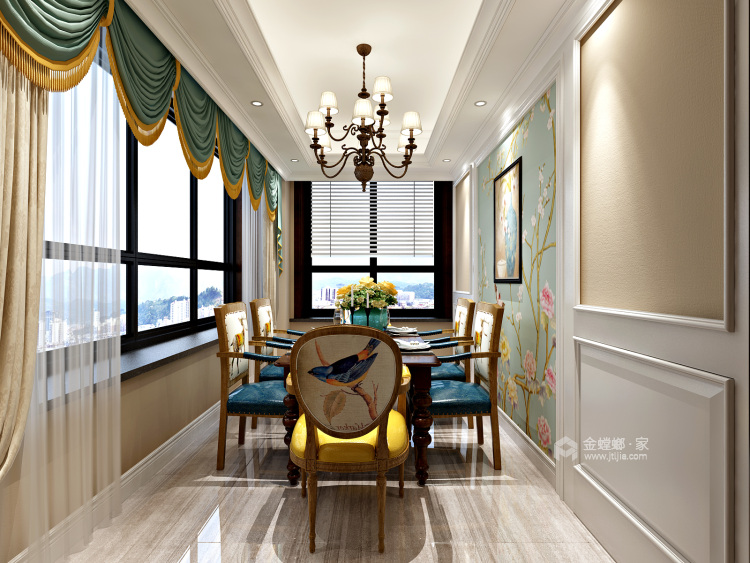 220平美式风格，花鸟壁纸让空间添加了几分贵气-餐厅效果图及设计说明