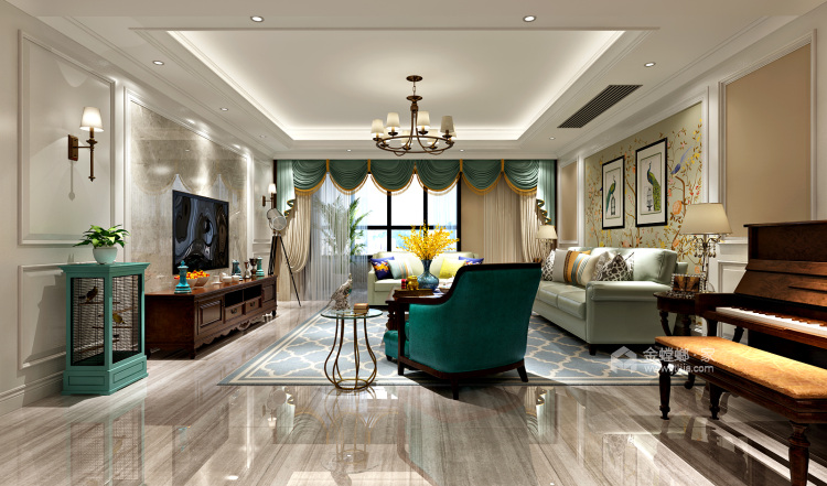 220平美式风格，花鸟壁纸让空间添加了几分贵气-客厅效果图及设计说明