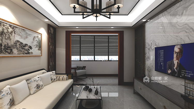 小空间大布局的新中式-客厅效果图及设计说明