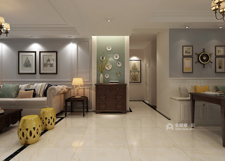 闲适淡雅的126平美式品质生活-客厅效果图及设计说明