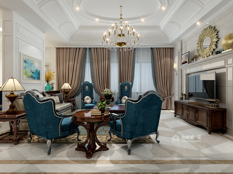 古典美式的华贵，现代风格的简约，开启浪漫生活-客厅效果图及设计说明