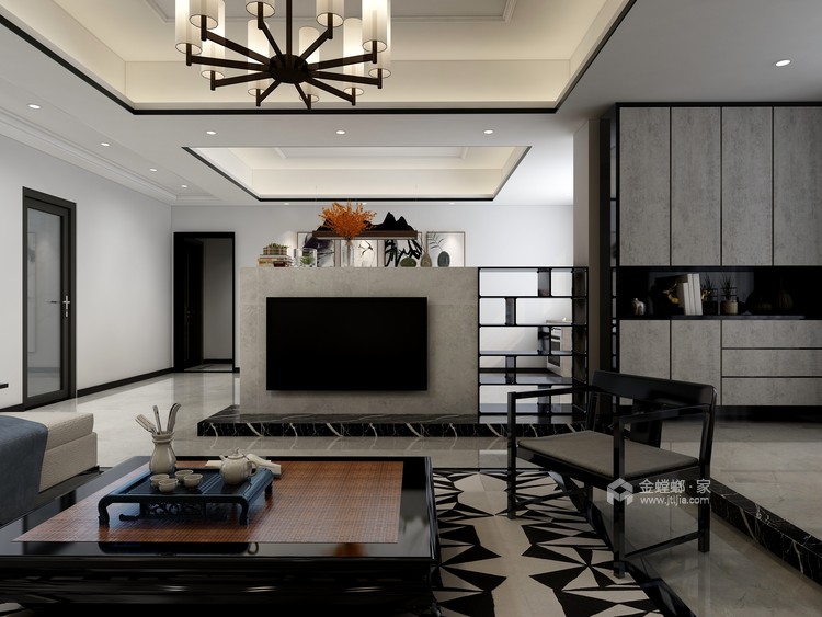 在新中式的典雅清新中，三代同堂共享天伦之乐-客厅效果图及设计说明