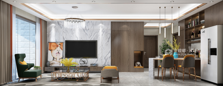 现代轻奢风，木质与石材的完美搭配-客厅效果图及设计说明
