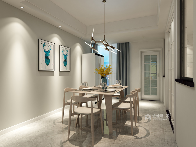 用白色于原木色打造一个淡雅活泼的空间-餐厅效果图及设计说明