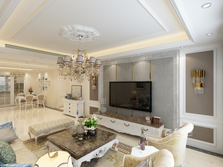 150平浅色调欧式 轻奢大气三居室-客厅效果图及设计说明